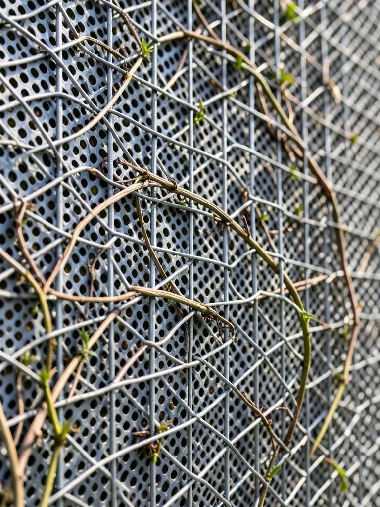 Woven wire trellis with real spring vines growing through, pattern interaction