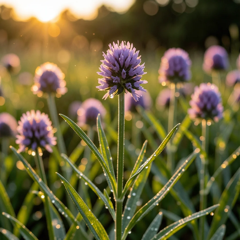 A chive plant in full bloom, the purple pom-pom flowers backlit to show individu