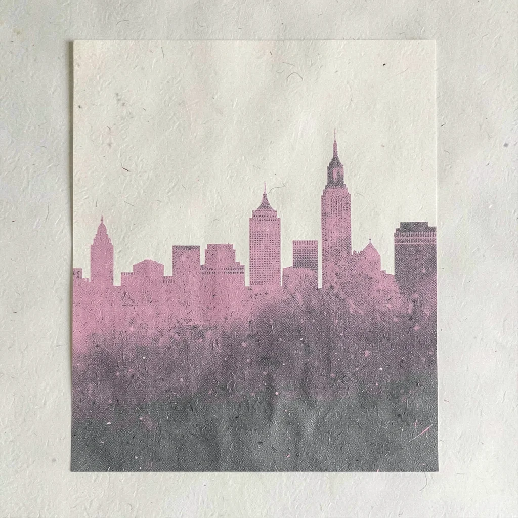 Bram-screenpress poster of a halftone city skyline silhouette in pink and slate 