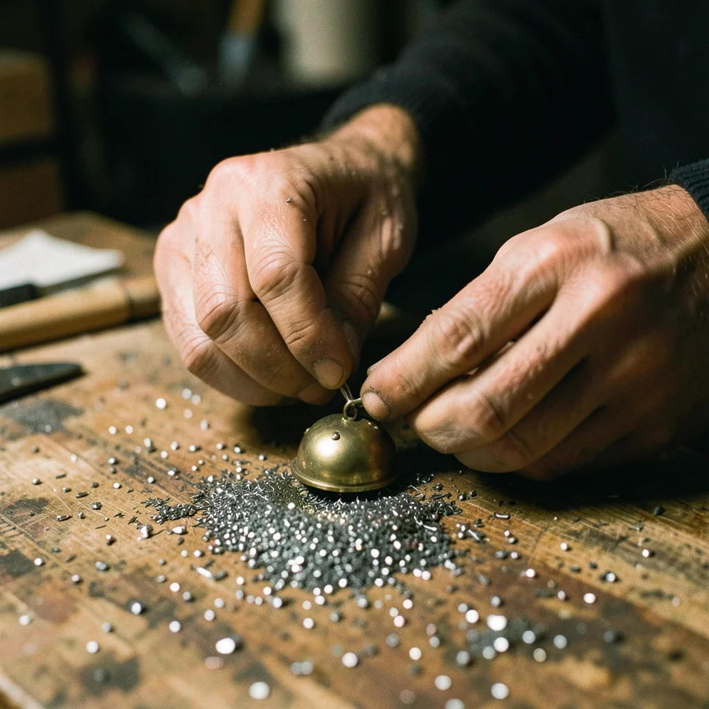 Close-up of hands filing a brass pendant, metal filings on the workbench