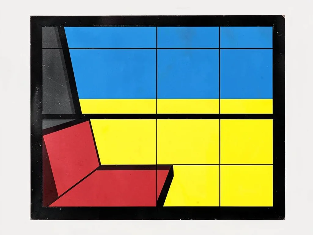 Train window view — red seat, blue sky band, yellow field, black window frame