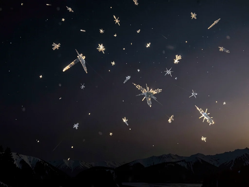 Ice crystals in thin air catching last light against darkening void