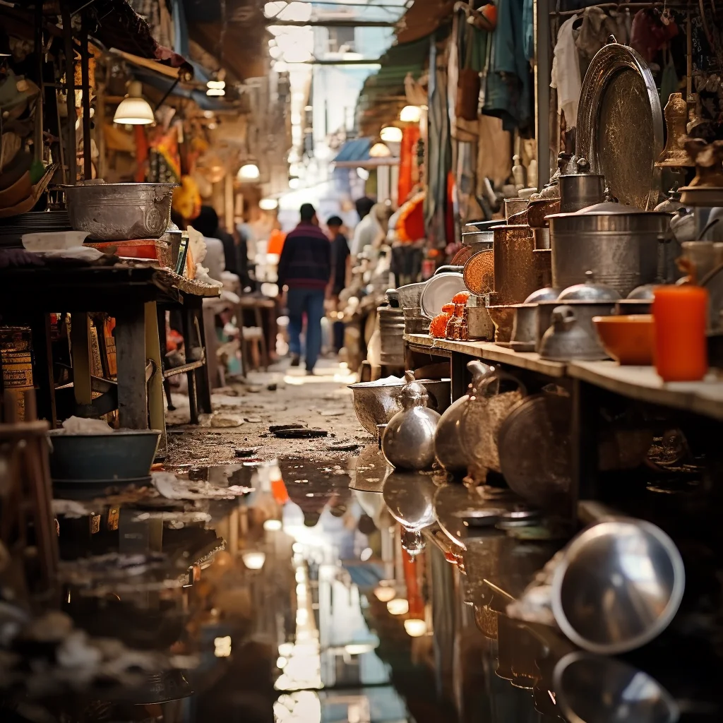 Photo In a busy market a mirror reflects only the goo