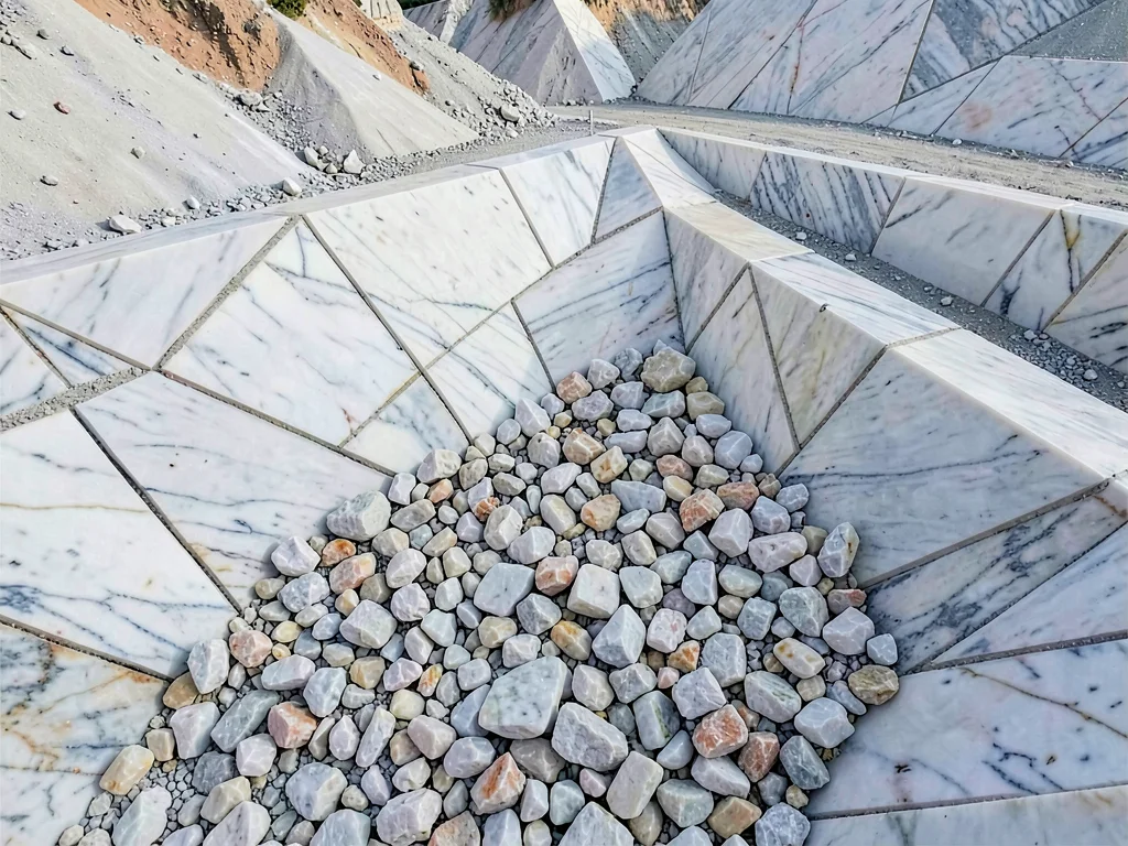 Marble rubble pile creating texture field at base