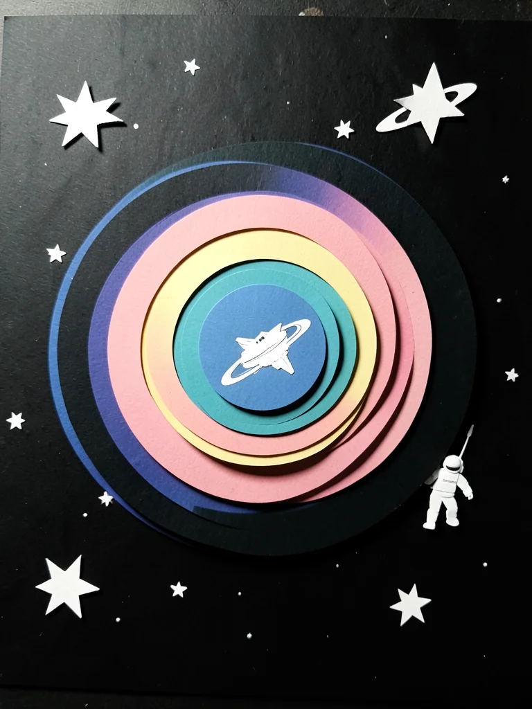 A deep space scene: black background with star cutouts, Saturn rings as concentr