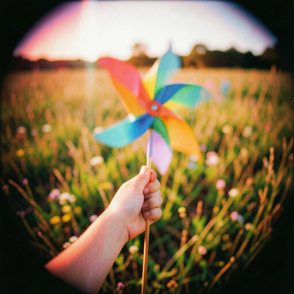 A child's hand holding a pinwheel, the colors spinning into a blur, the hand sha