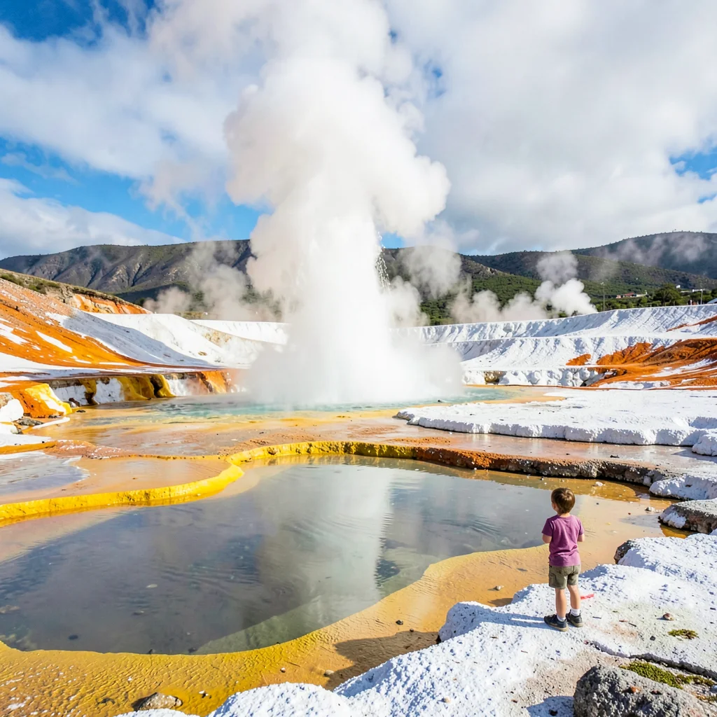 Rotorua geothermal landscape, active earth palette, Child watching geyser erupt,