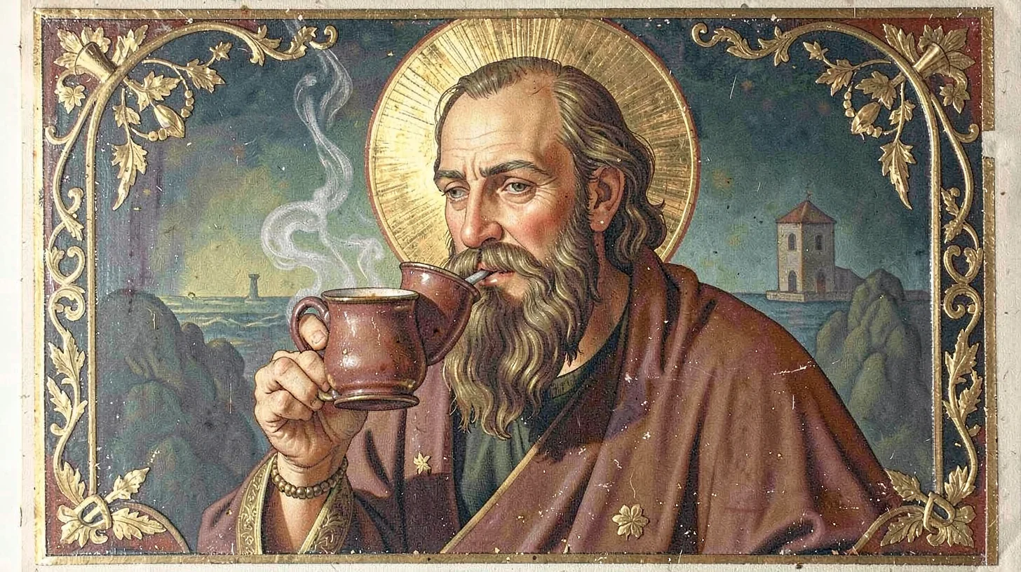Egg tempera illustration, bearded prophet drinking espresso , yolk-bound pigment