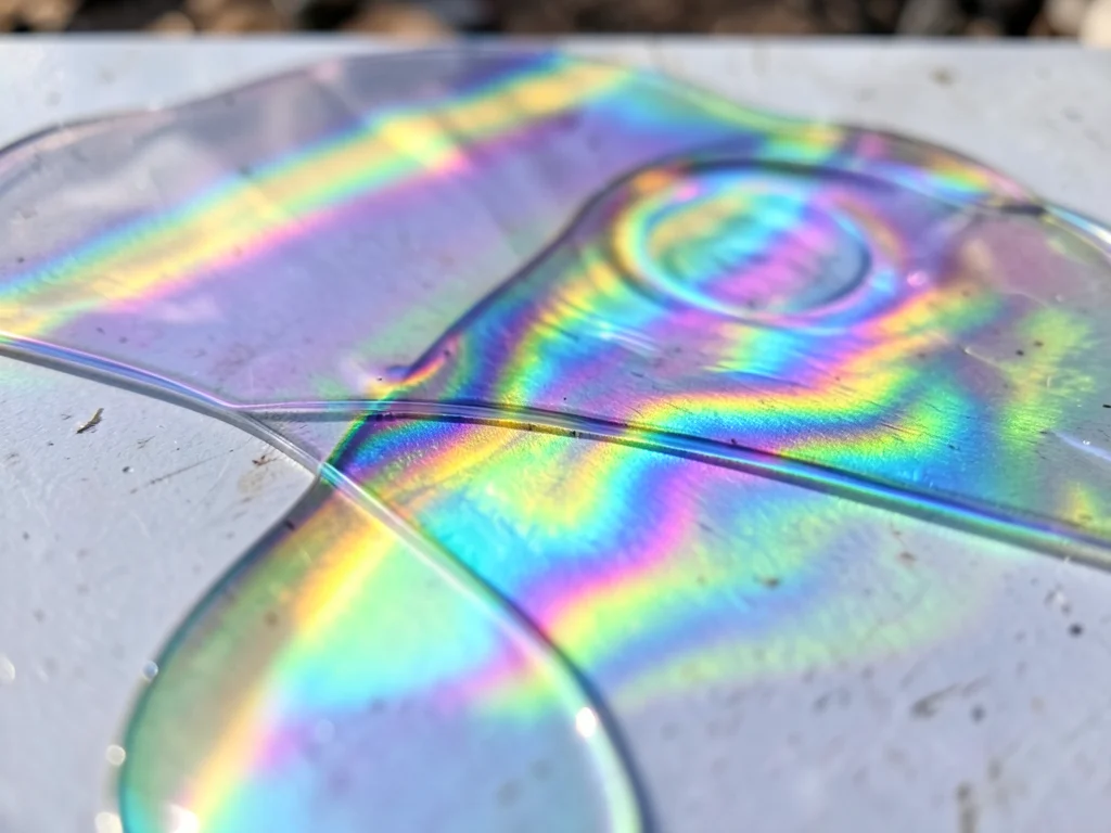 Interference pattern from two overlapping soap films, moiré-like color beating w