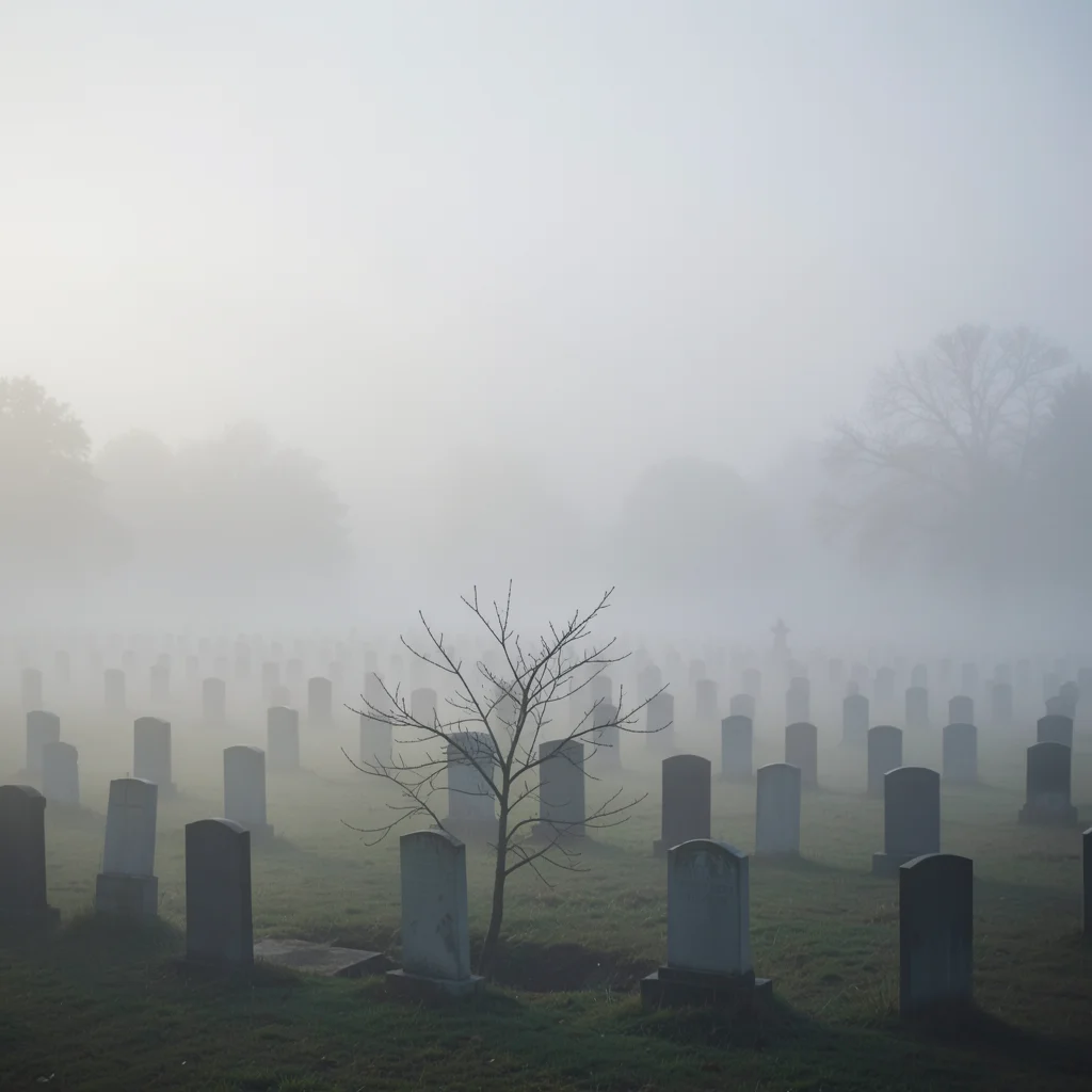 A cemetery in morning fog, the headstones creating rows that fade into white, a 