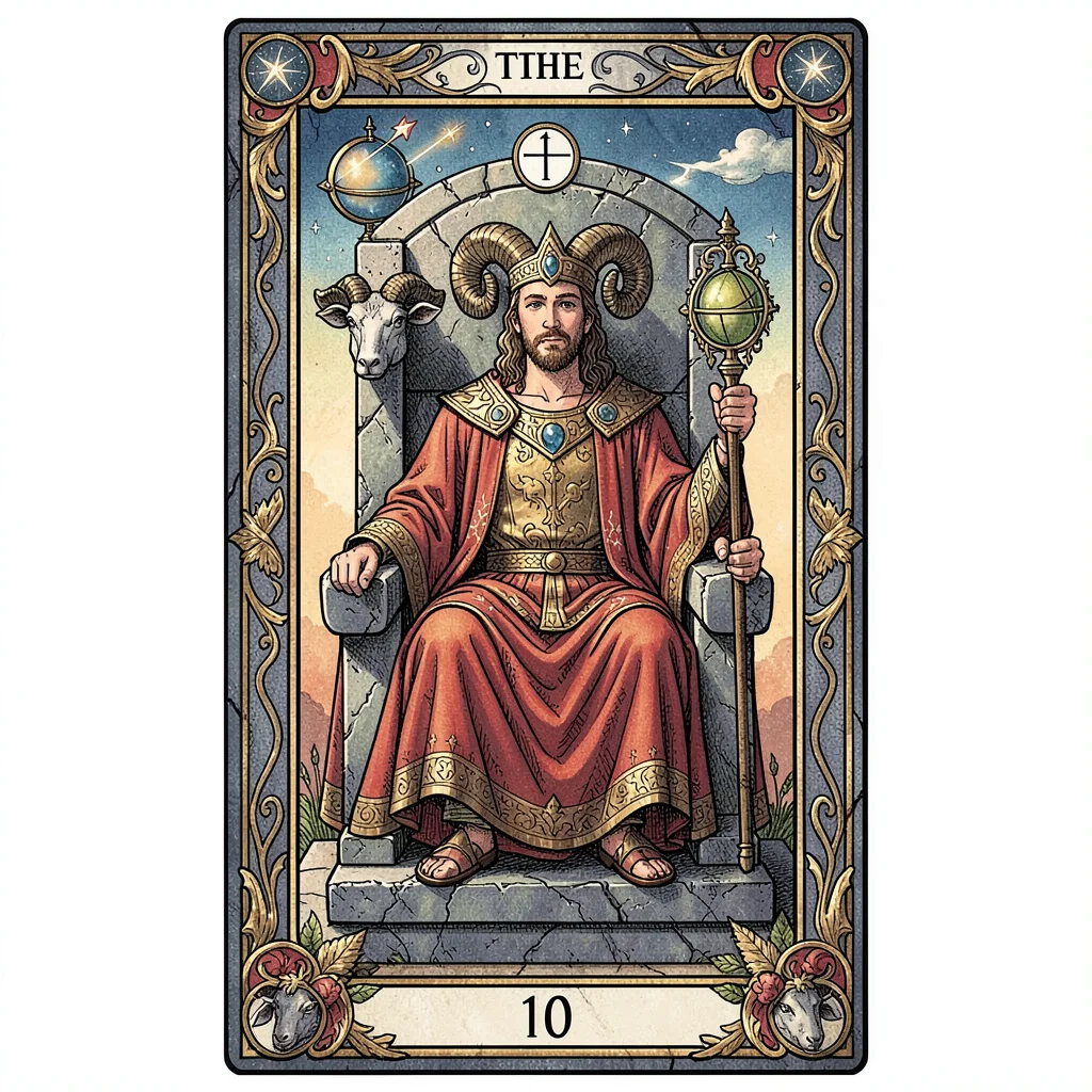 Tarot card illustration, The Emperor on stone throne, rams heads, orb and scepte