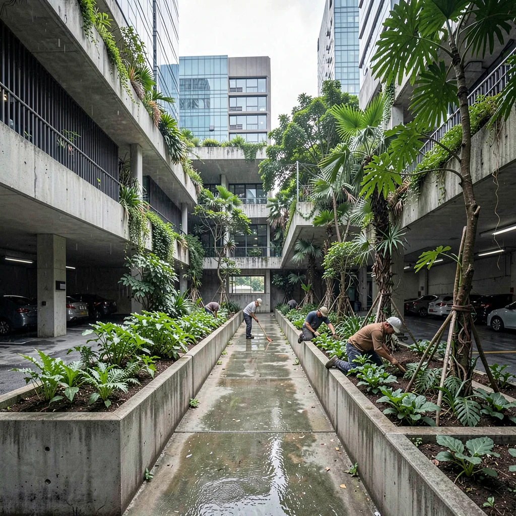 Singapore tropical modernism, green claiming grey, Parking lot transformed into 