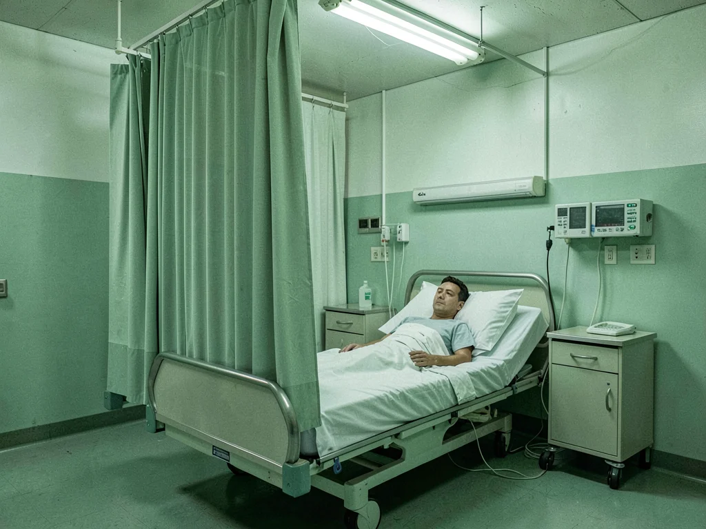 Hospital bed with green privacy curtain, patient division, clinical fabric