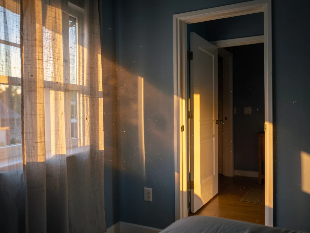Morning light shaft crossing open doorway
