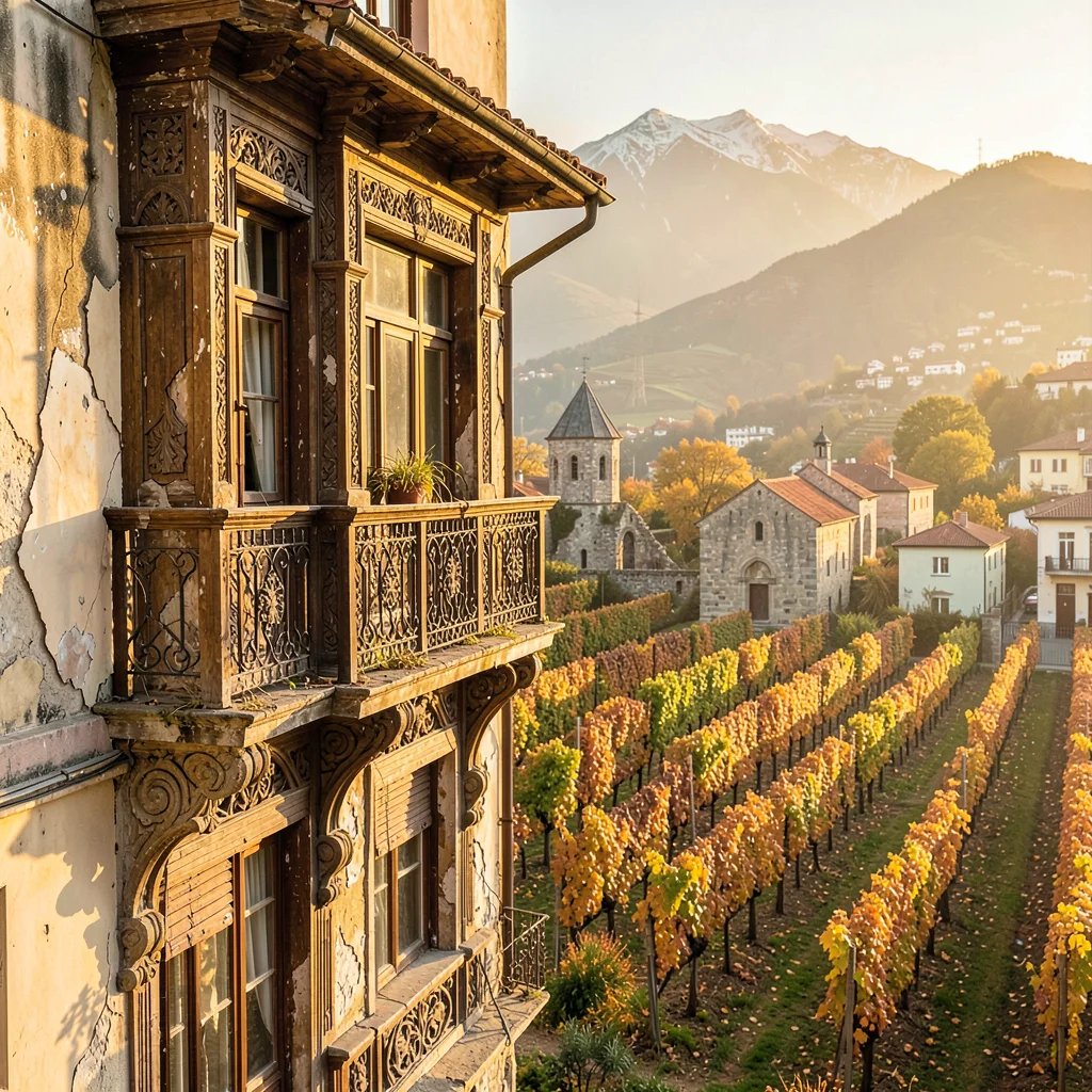 Crumbling Art Nouveau balconies in golden Tbilisi light, vineyard rows with anci