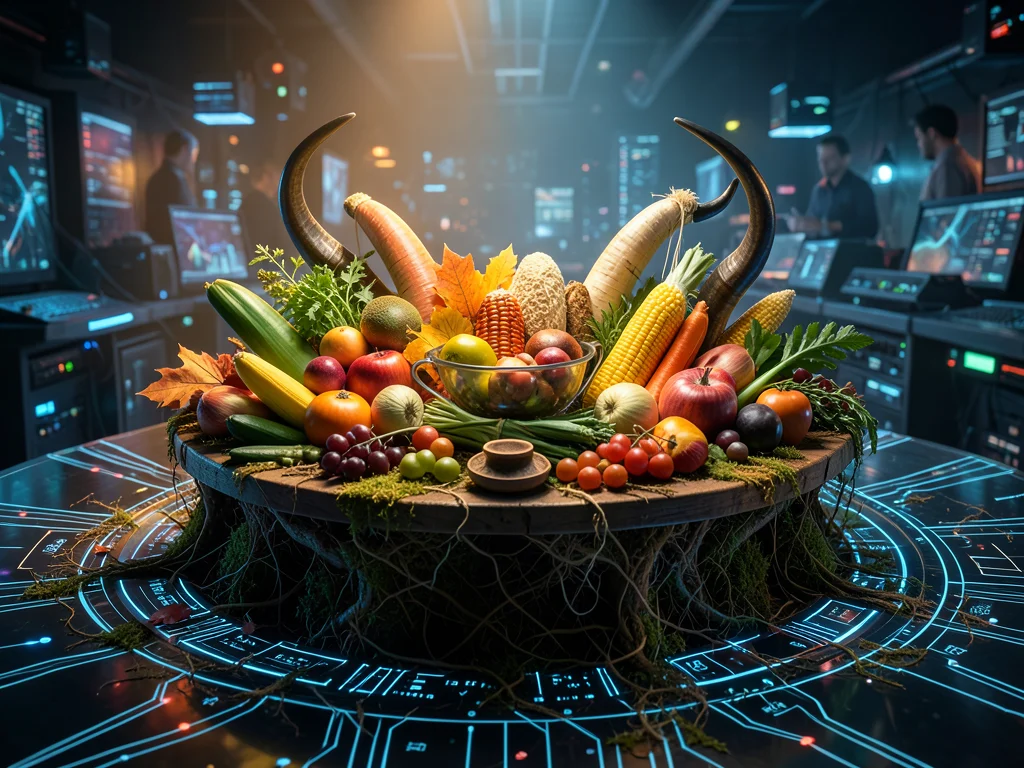 Cornucopia arrangement with real autumn produce, horn of plenty, table center