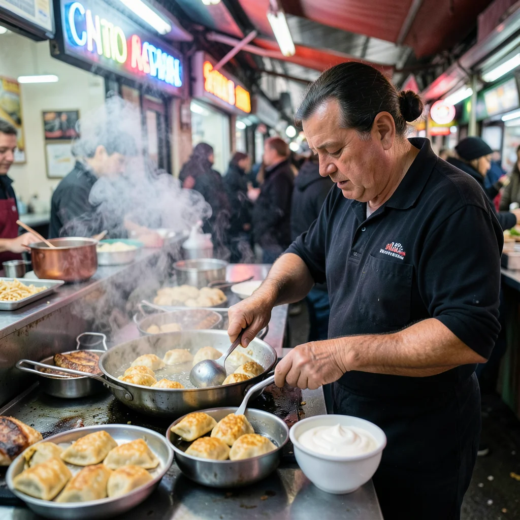 A pierogi vendor at a Polish market, boiling then pan-frying the dumplings, gold