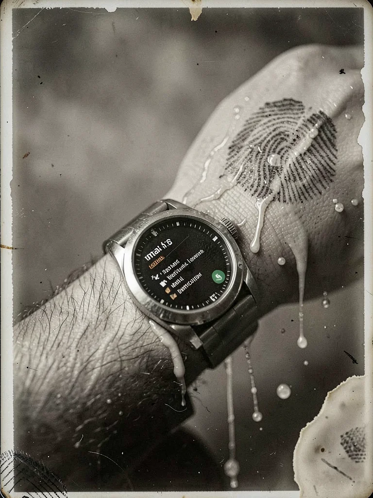 Smartwatch on wrist showing notifications, wet collodion fingerprint marks inten
