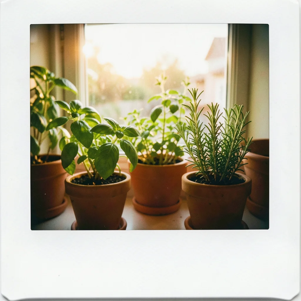 A kitchen window herb garden, small terracotta pots of basil and rosemary, warm 
