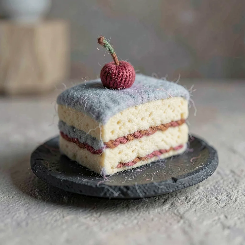 Slice of felted cake with a single yarn cherry on top resting on a small charcoa