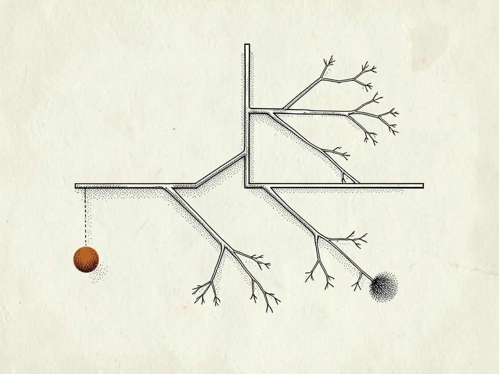 Schematic of a decision tree branches across cream paper with one branch termina