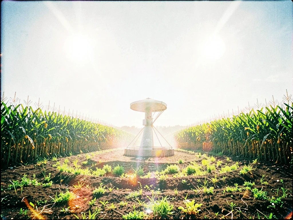 Irrigation pivot turning slowly across a circle of corn lit by light too bright 