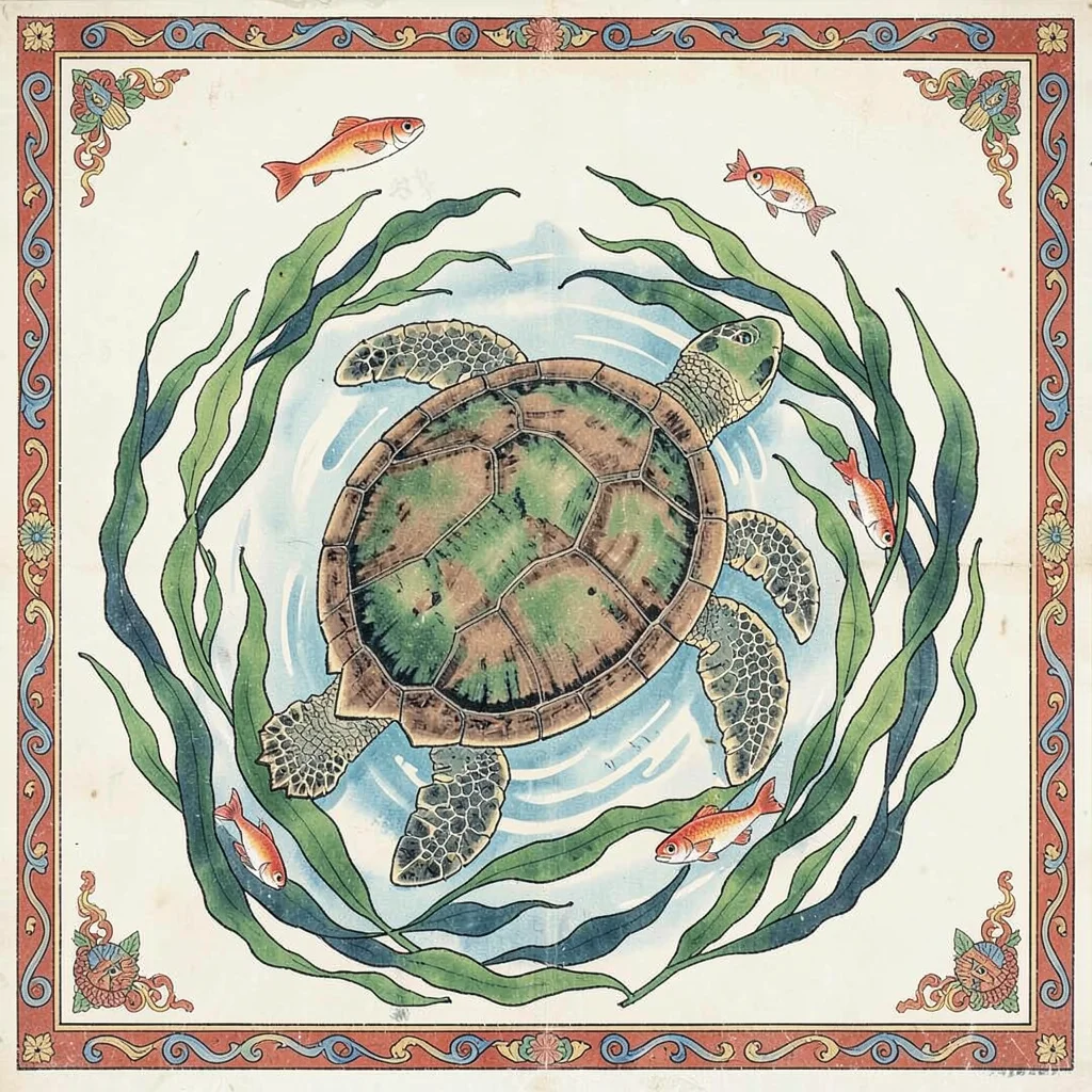 Turtle swimming among seaweed and small fish, overhead view