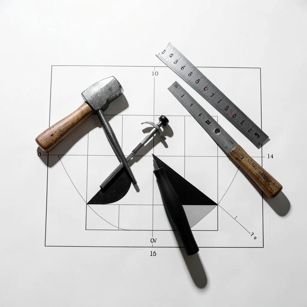 Workshop table with hammer, compass, and set square arranged in a strict triangl