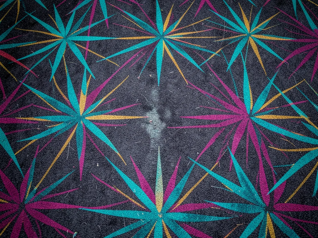 A casino hotel corridor carpet in Las Vegas, explosive maximalist pattern of ove