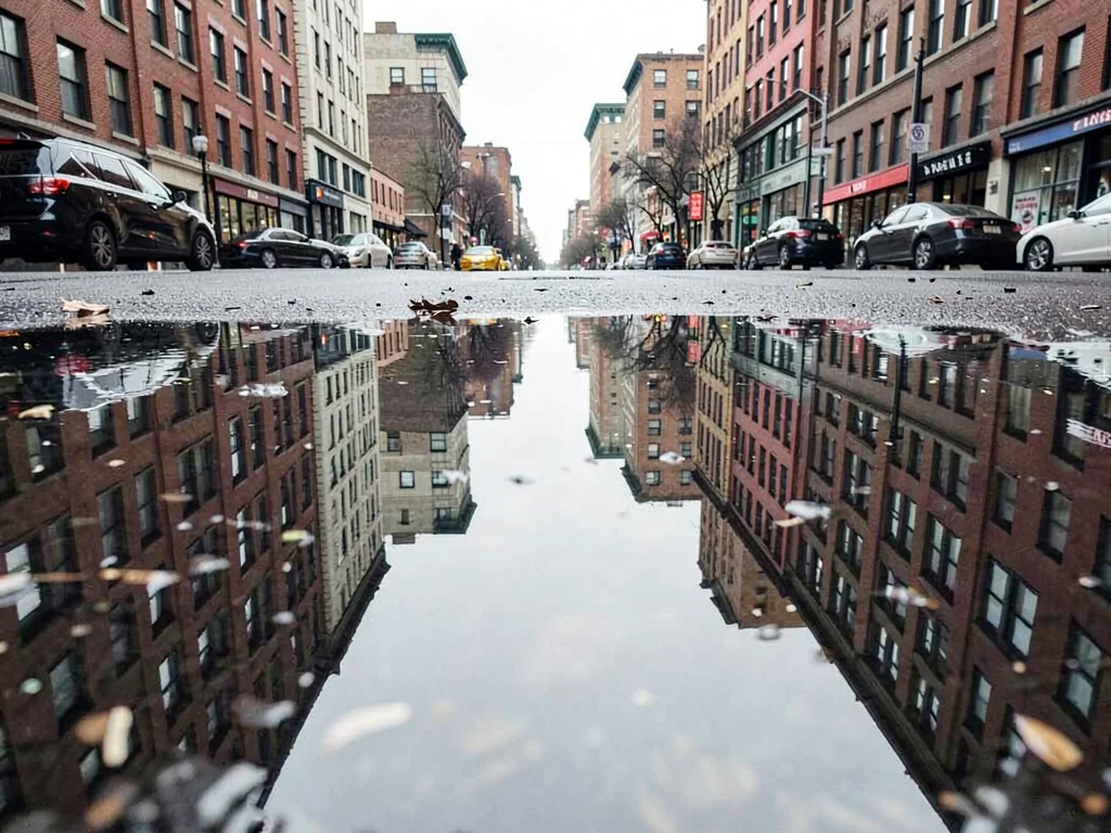 Puddle with city reflection