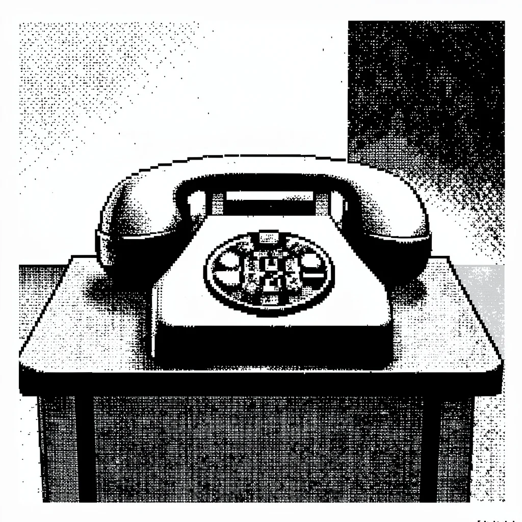 1-bit dithered illustration, telephone on desk , black and white only, dither pa