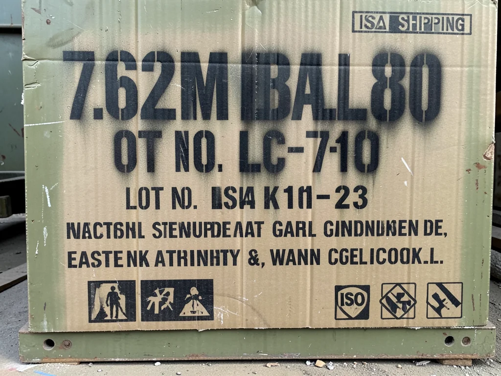 A military ammunition crate with stenciled text — 7.62MM BALL M80, LOT NO. LC-71