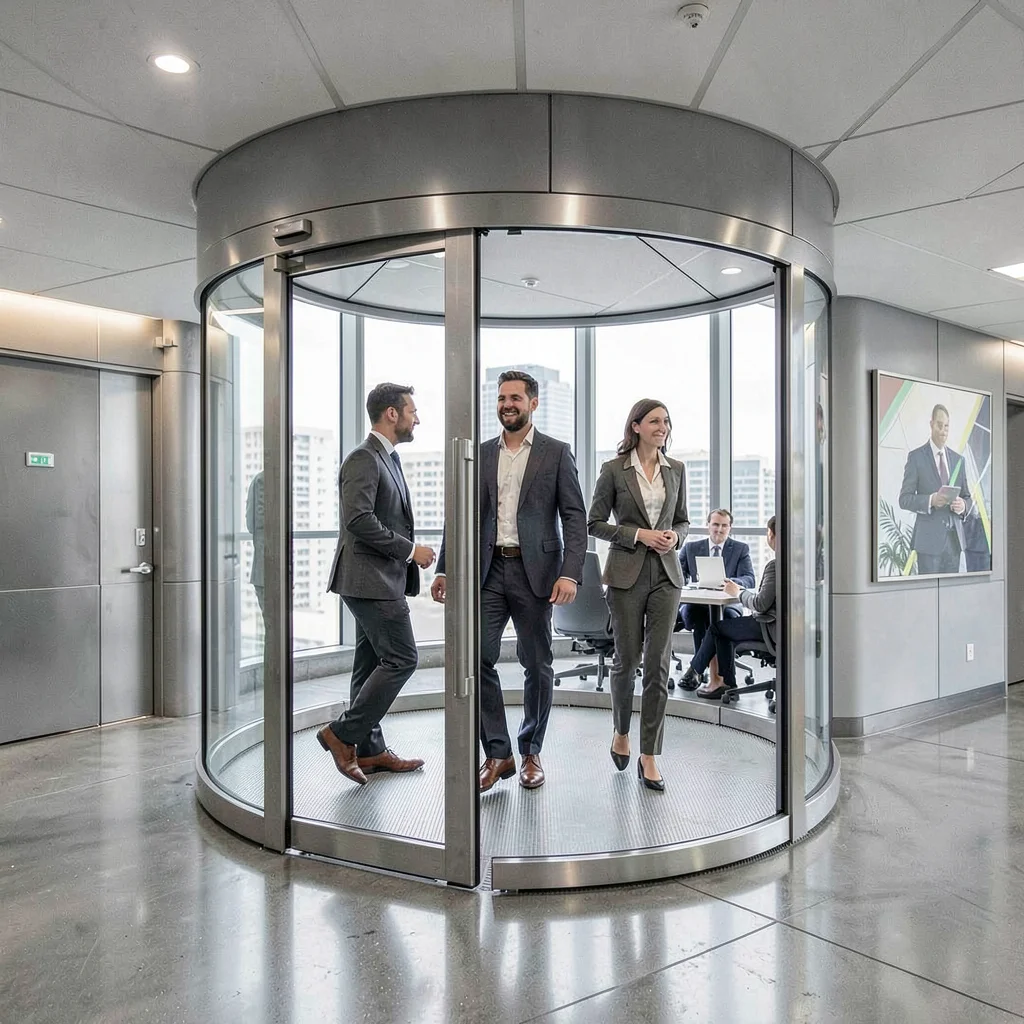 Revolving door with three people passing through, business meetings becoming abs
