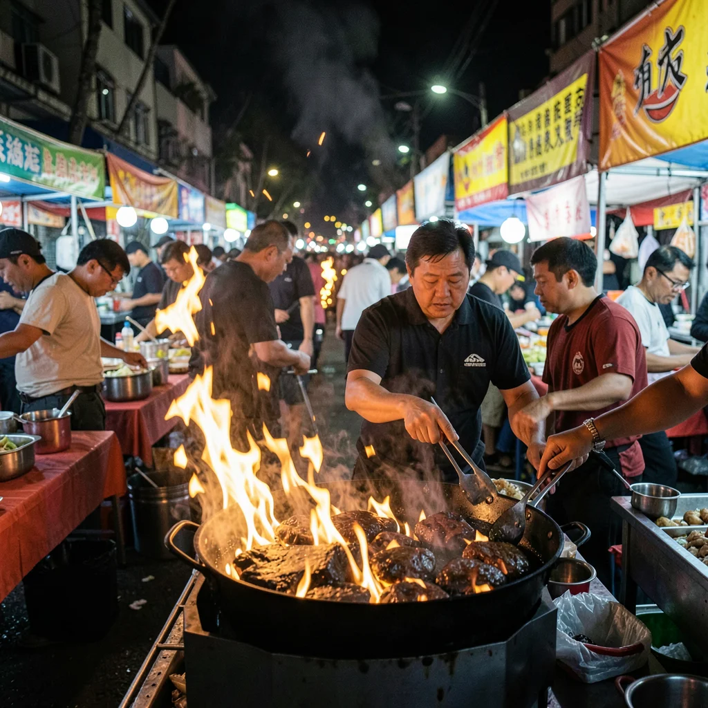 Night market cooking flames