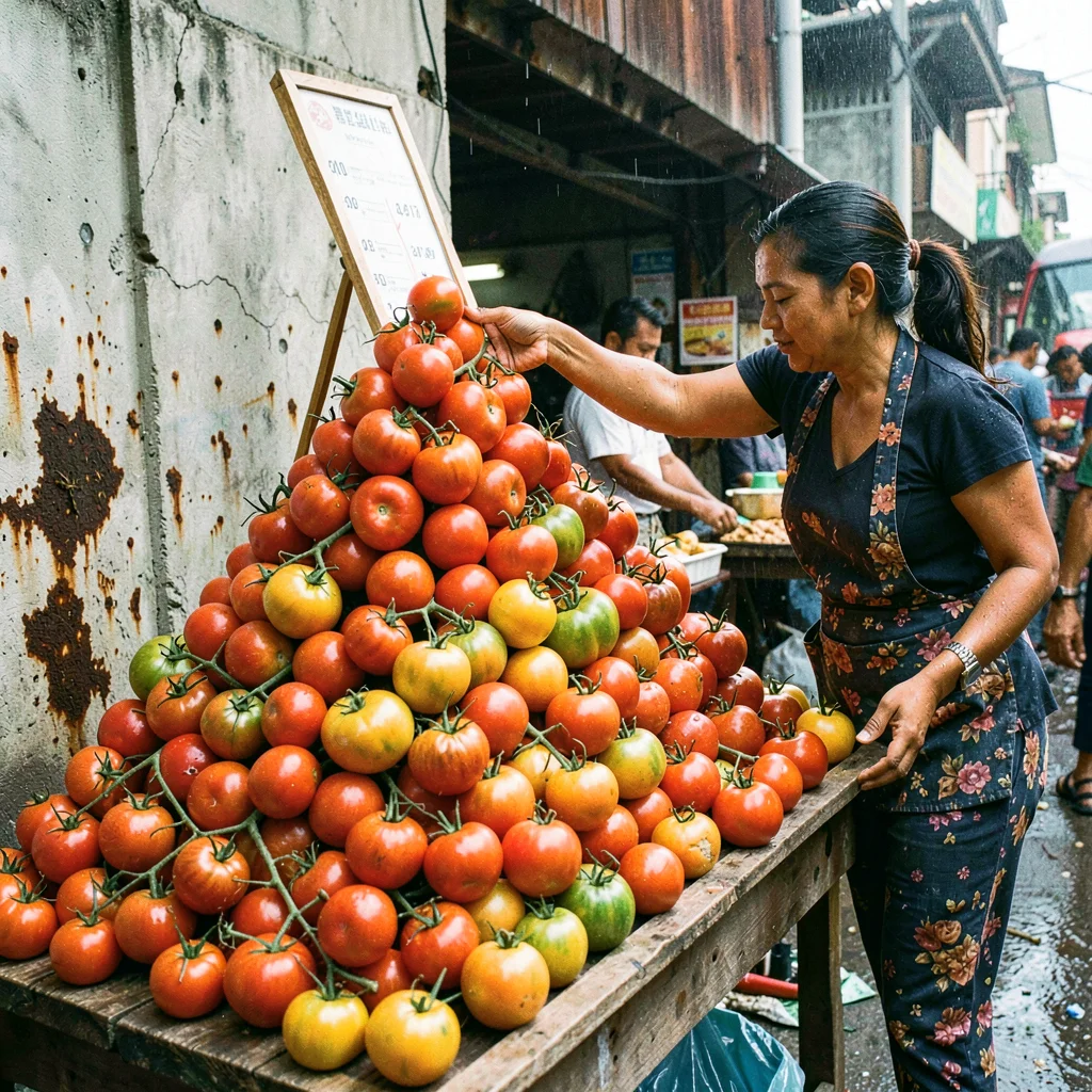 High-energy street photograph, Woman selling tomatoes from enormous pyramid pile