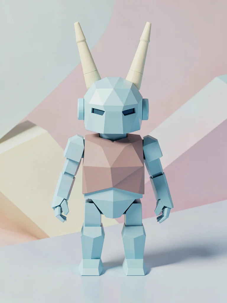 Antennaed sky-blue lowpoly robot character standing with chunky cream antenna an