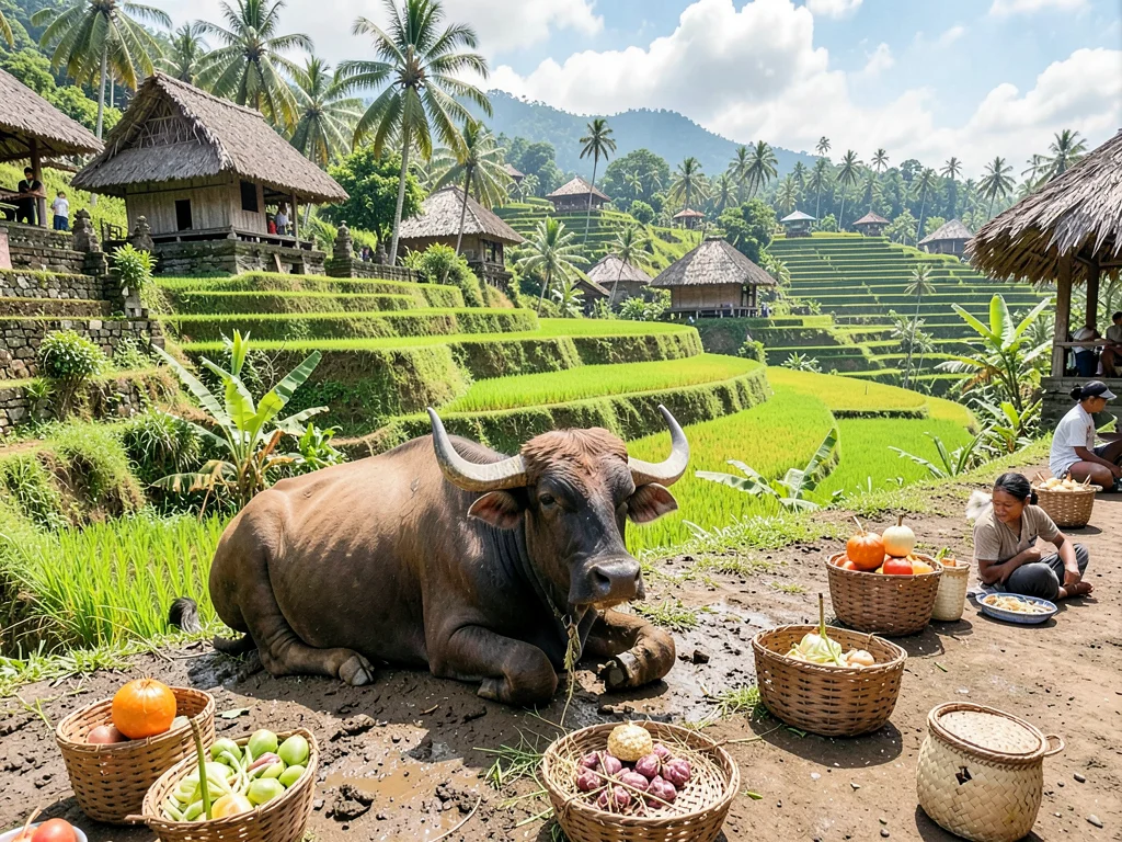 Water buffalo at rice terrace edge
