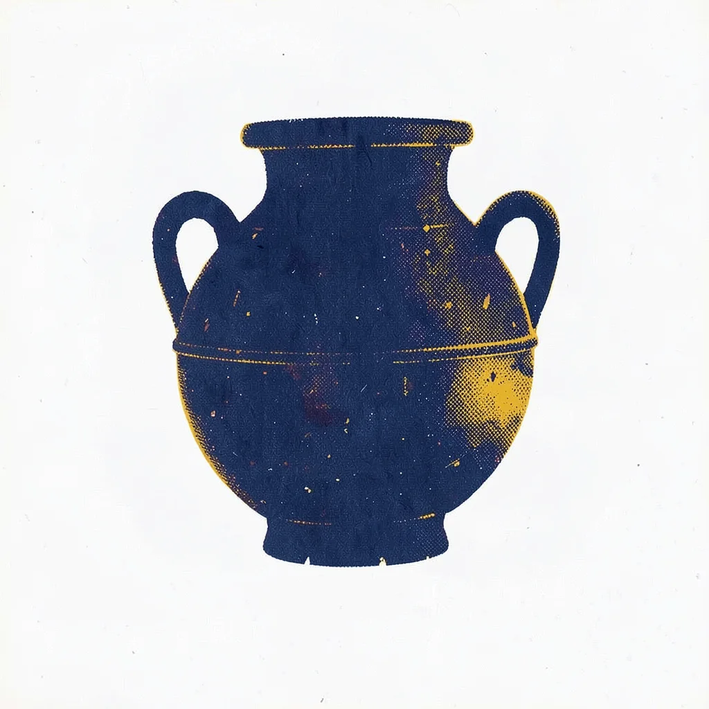 silhouette of a single ancient-pottery-vessel in mustard and indigo halftone, re