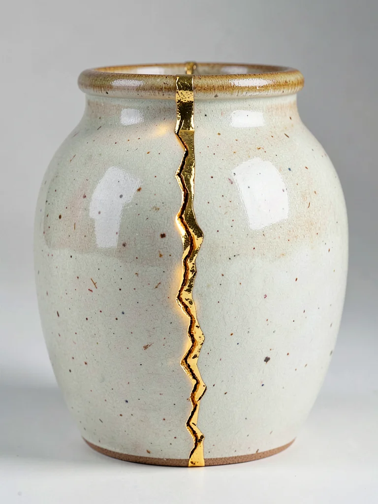 Ceramic jar with major crack running vertically — gold seam bridging the fractur