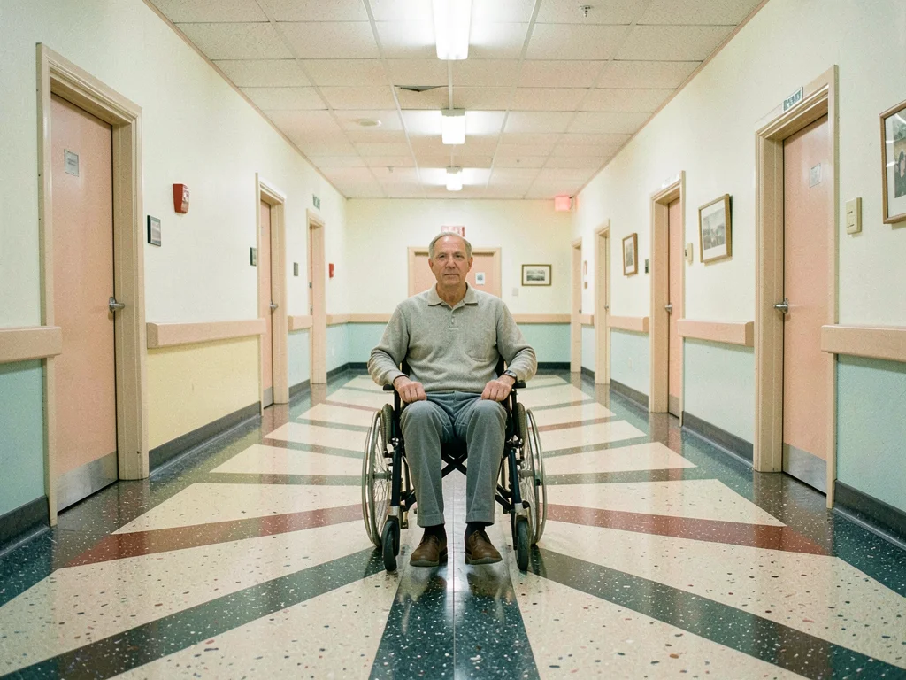 Wheelchair in empty hallway, perfectly centered, terrazzo floor pattern radiatin