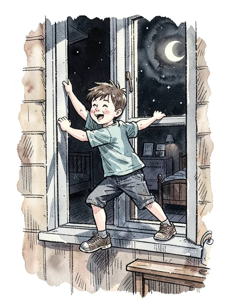 Boy climbing out window at night