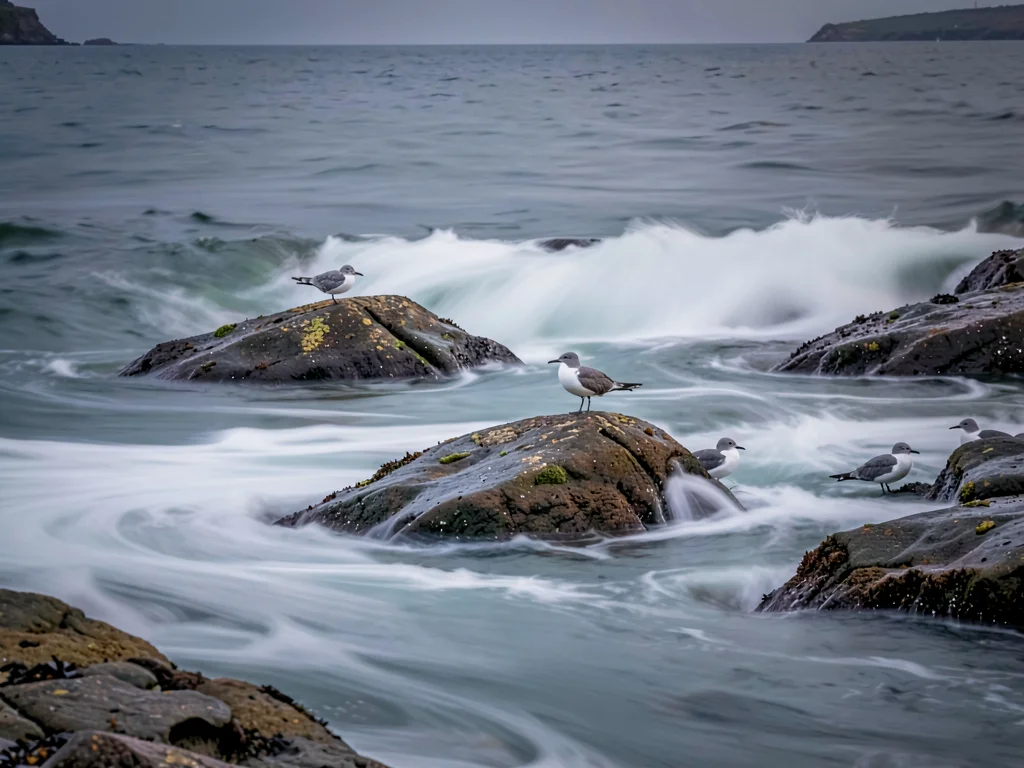 Seabirds on rocks surrounded by blurred wave action