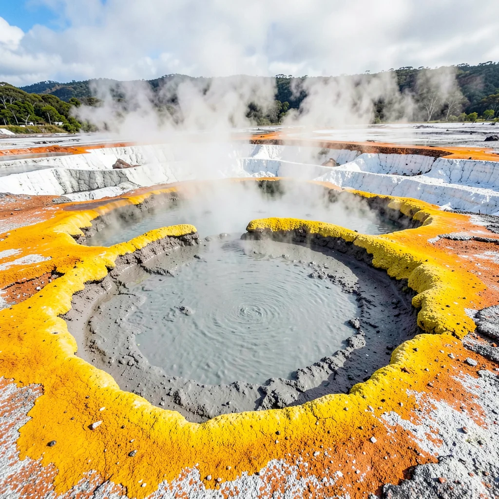 Rotorua geothermal landscape, active earth palette, Mud pool bubbling, thick gre