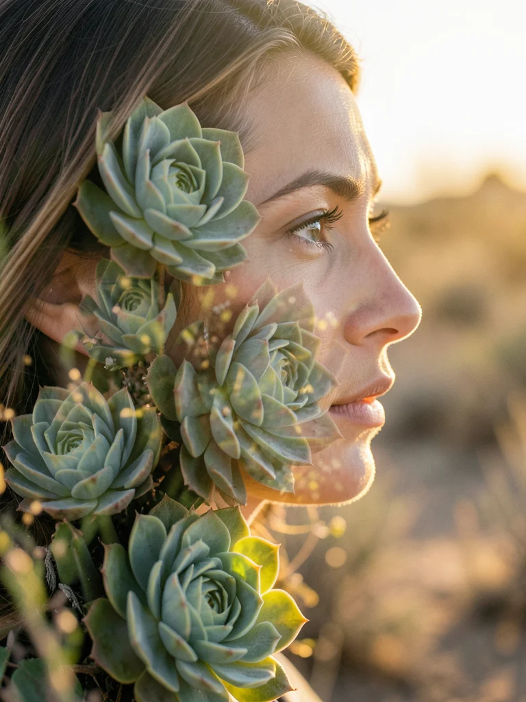 Face profile merged with succulent rosette patterns, desert botanical, double ex