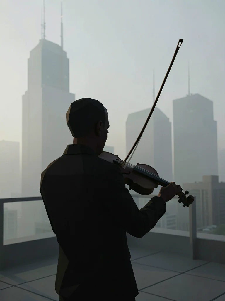 Shoulders-only silhouette of a violinist on a rooftop facing distant fog-wrapped