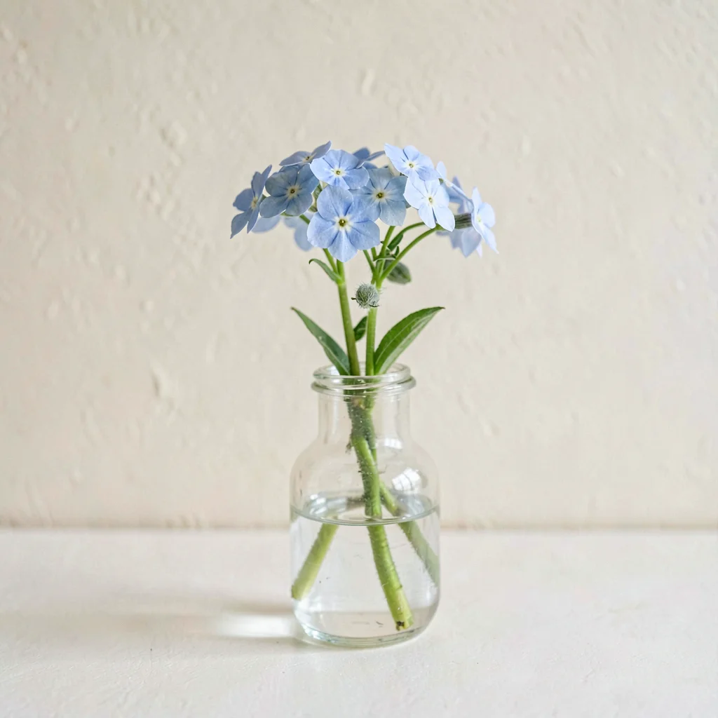 Botanical of a single forget-me-not in a small clear vase, pale blue against cre
