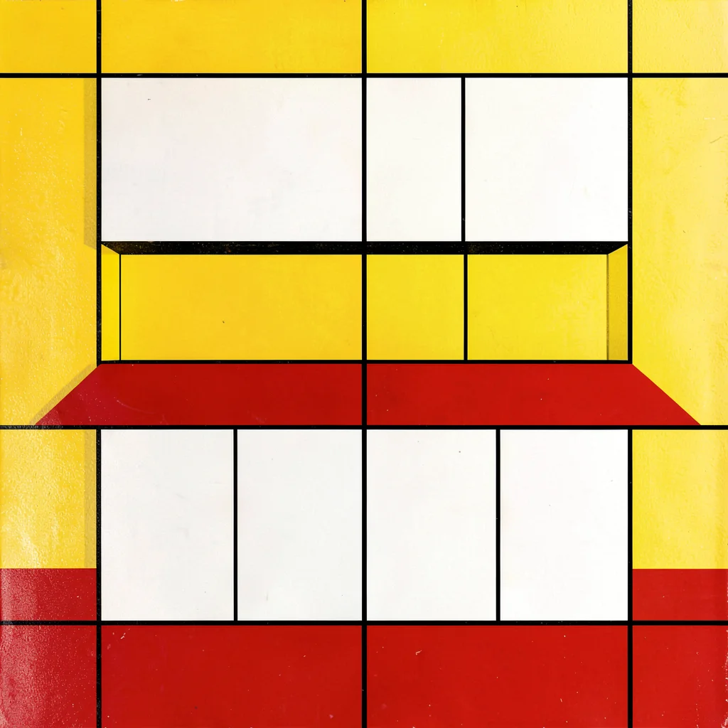Kitchen counter reduced to red countertop, yellow wall, white cabinet rectangles