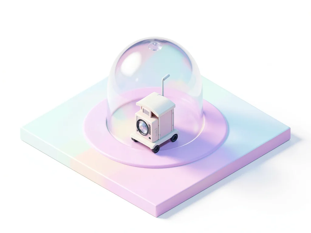 Tabletop-scale isometric world featuring a translucent dome over a tiny humming 
