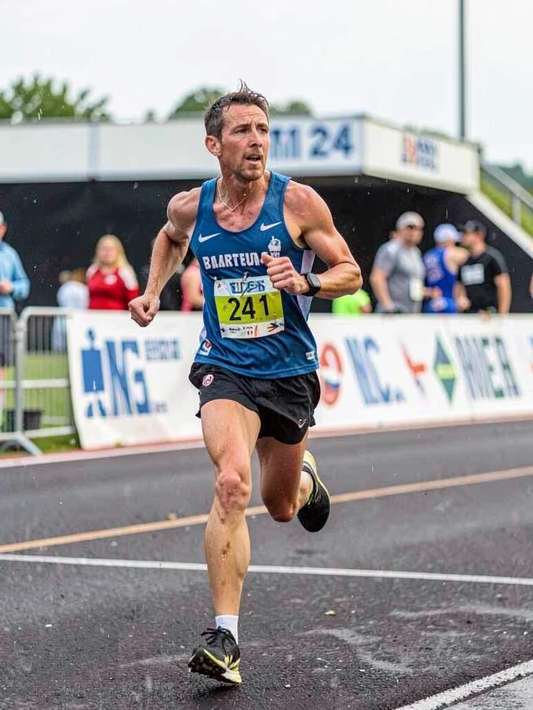 Marathon runner at mile 24, the determination blurred but the effort clear