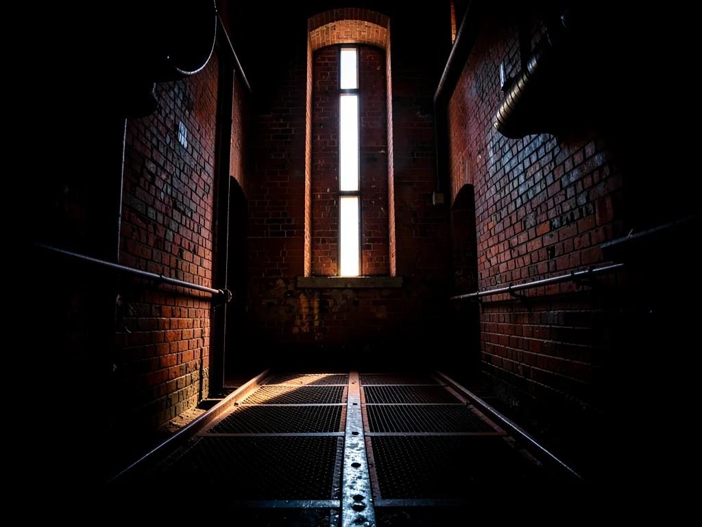 Industrial brick boiler hall with a tall slot window dropping a single shard of 